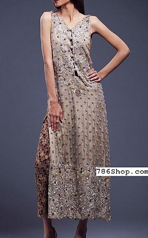  Sand Grey Silk Suit | Pakistani Party Wear Dresses- Image 1