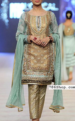  Beige/Turquoise Chiffon Suit | Pakistani Party Wear Dresses USA- Image 1