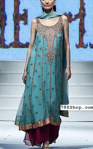  Turquoise Chiffon Suit | Pakistani Party Wear Dresses- Image 1