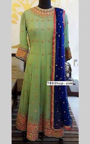  Green/Blue Chiffon Suit | Pakistani Party Wear Dresses- Image 1