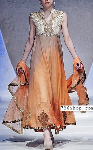  Off-white/Orange Chiffon Suit | Pakistani Party Wear Dresses- Image 1