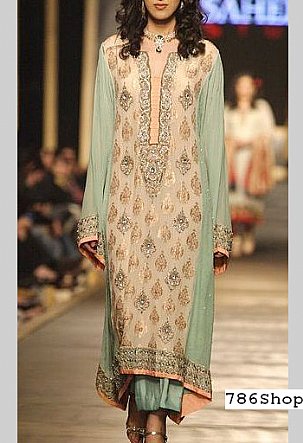  Ivory/Sea Green Chiffon Suit | Pakistani Party Wear Dresses- Image 1