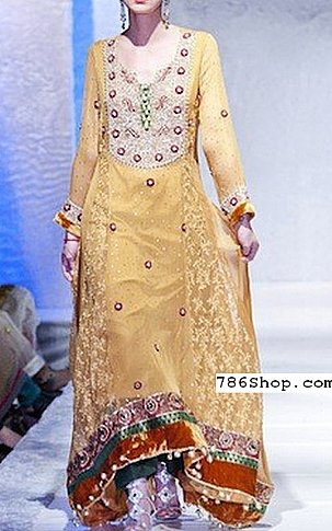  Golden Chiffon Suit | Pakistani Party Wear Dresses- Image 1