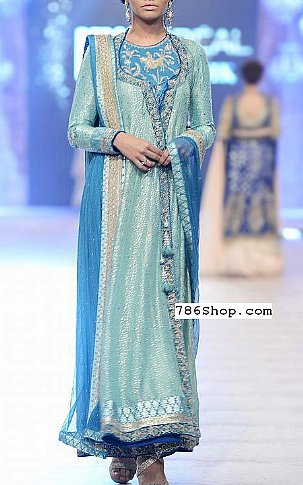  Turquoise Chiffon Suit | Pakistani Party Wear Dresses- Image 1