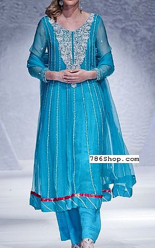  Turquoise Chiffon Suit | Pakistani Party Wear Dresses- Image 1