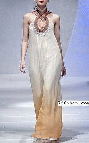  Off-white/Beige Chiffon Suit | Pakistani Party Wear Dresses- Image 1