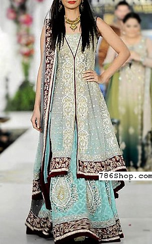  Silver/Turquoise Chiffon Suit | Pakistani Wedding Dresses- Image 1