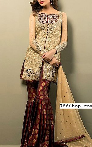  Beige/Maroon Chiffon Suit | Pakistani Party Wear Dresses USA- Image 1