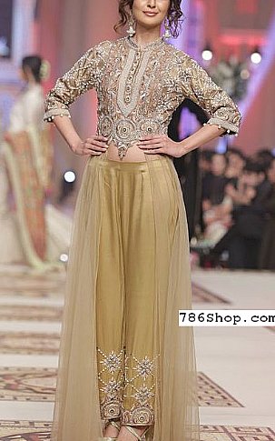  Beige/Golden Net Suit | Pakistani Party Wear Dresses- Image 1