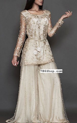  Off-white Net Suit | Pakistani Party Wear Dresses- Image 1