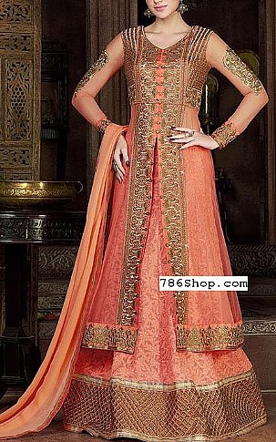  Peach Chiffon Suit | Pakistani Party Wear Dresses- Image 1