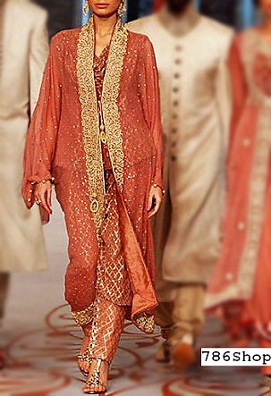  Rust Chiffon Suit | Pakistani Party Wear Dresses- Image 1