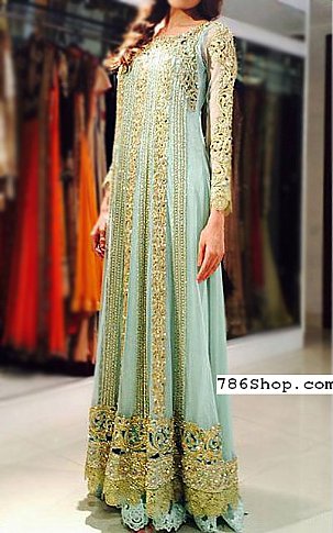  Light Turquoise Chiffon Suit | Pakistani Party Wear Dresses USA- Image 1