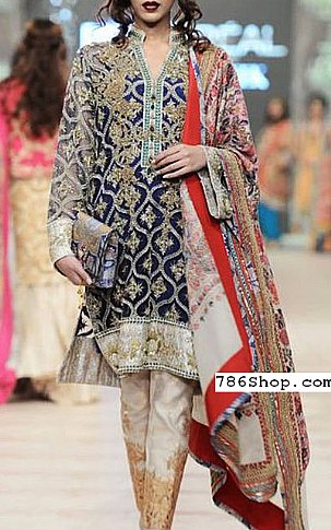  Navy Blue Chiffon Suit | Pakistani Party Wear Dresses- Image 1