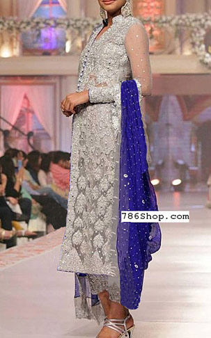  Grey/Blue Chiffon Suit | Pakistani Party Wear Dresses- Image 1