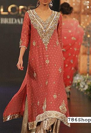  Coral/Golden Chiffon Suit | Pakistani Party Wear Dresses- Image 1