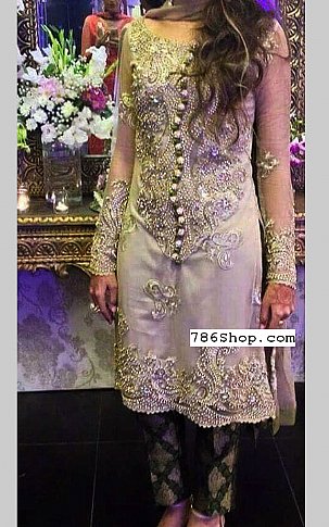  Grey/Green Chiffon Suit | Pakistani Party Wear Dresses USA- Image 1
