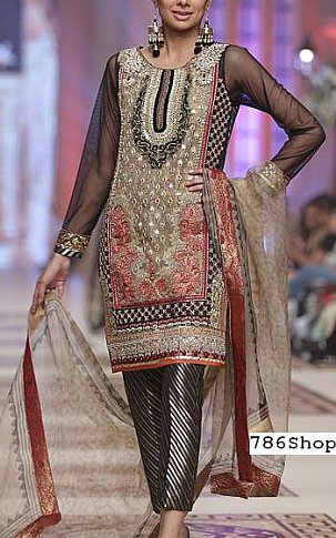  Black/Beige Chiffon Suit | Pakistani Party Wear Dresses- Image 1