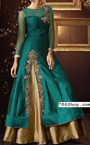 Teal/Golden Chiffon Suit | Pakistani Party Wear Dresses