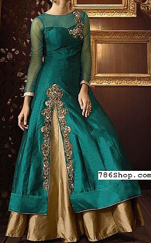  Teal/Golden Chiffon Suit | Pakistani Party Wear Dresses- Image 1