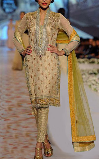  Golden Chiffon Suit | Pakistani Party Wear Dresses- Image 1