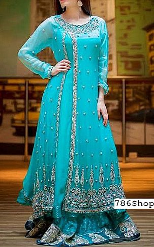  Turquoise Chiffon Suit | Pakistani Party Wear Dresses- Image 1