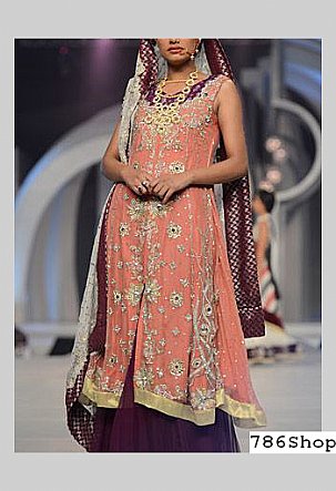  Peach/Indigo Chiffon Suit | Pakistani Party Wear Dresses- Image 1