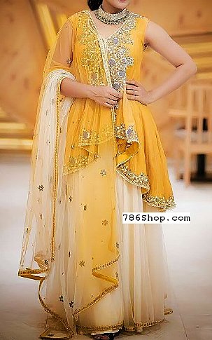  Yellow/Off-white Chiffon Suit | Pakistani Party Wear Dresses- Image 1