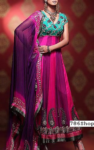  Pink/Indigo Chiffon Suit | Pakistani Party Wear Dresses- Image 1