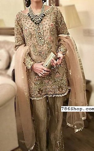  Beige/Peach Chiffon Suit | Pakistani Party Wear Dresses- Image 1