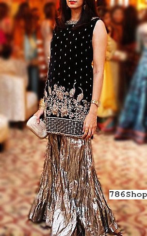  Black/Silver Chiffon Suit | Pakistani Wedding Dresses- Image 1