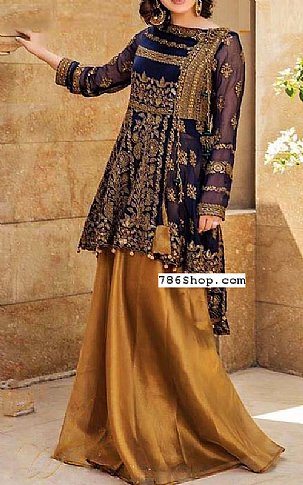  Blue/Golden Chiffon Suit | Pakistani Party Wear Dresses- Image 1