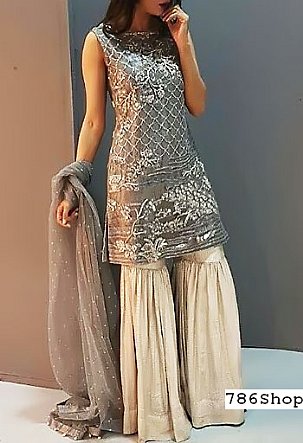  Grey/Off-white Chiffon Suit | Pakistani Party Wear Dresses USA- Image 1