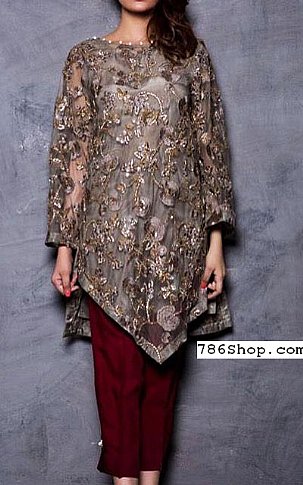  Grey/Maroon Chiffon Suit | Pakistani Party Wear Dresses- Image 1