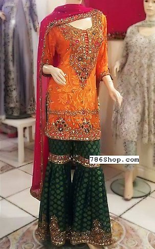  Orange/Green Chiffon Suit | Pakistani Party Wear Dresses- Image 1