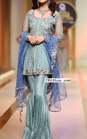  Turquoise Chiffon Suit | Pakistani Party Wear Dresses- Image 1