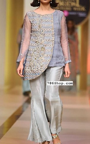  Grey/Gold Chiffon Suit | Pakistani Party Wear Dresses- Image 1