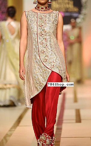  Golden/Red Silk Suit | Pakistani Party Wear Dresses- Image 1