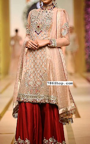  Peach/Red Chiffon Suit | Pakistani Party Wear Dresses- Image 1