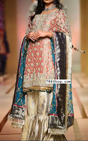  Peach/Golden Chiffon Suit | Pakistani Party Wear Dresses USA- Image 1