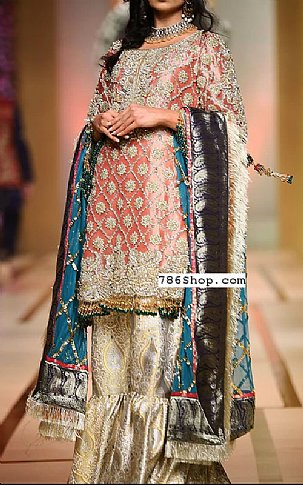  Peach/Golden Chiffon Suit | Pakistani Party Wear Dresses- Image 1