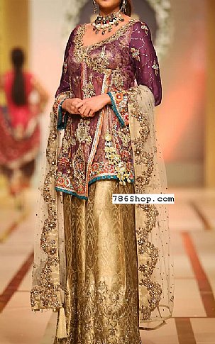  Plum/Golden Chiffon Suit | Pakistani Party Wear Dresses USA- Image 1