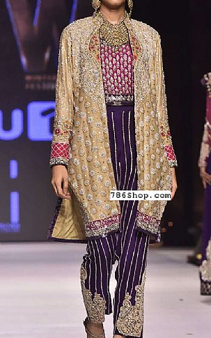  Golden/Indigo Chiffon Suit | Pakistani Party Wear Dresses USA- Image 1
