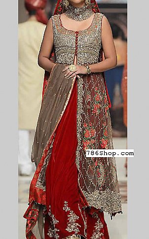  Grey/Red Chiffon Suit | Pakistani Party Wear Dresses- Image 1