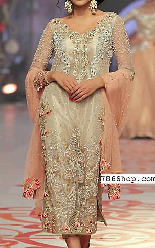  Light Golden Organza Suit | Pakistani Party Wear Dresses- Image 1