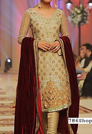  Golden Chiffon Suit | Pakistani Party Wear Dresses- Image 1