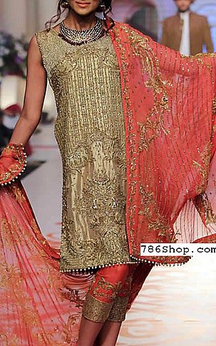  Golden/Carrot Chiffon Suit | Pakistani Party Wear Dresses- Image 1