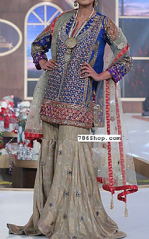  Blue/Beige Chiffon Suit | Pakistani Party Wear Dresses- Image 1