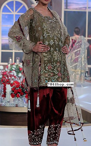  Olive/Maroon Chiffon Suit | Pakistani Party Wear Dresses- Image 1