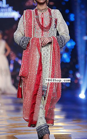  Off-white/Carrot Chiffon Suit | Pakistani Party Wear Dresses- Image 1